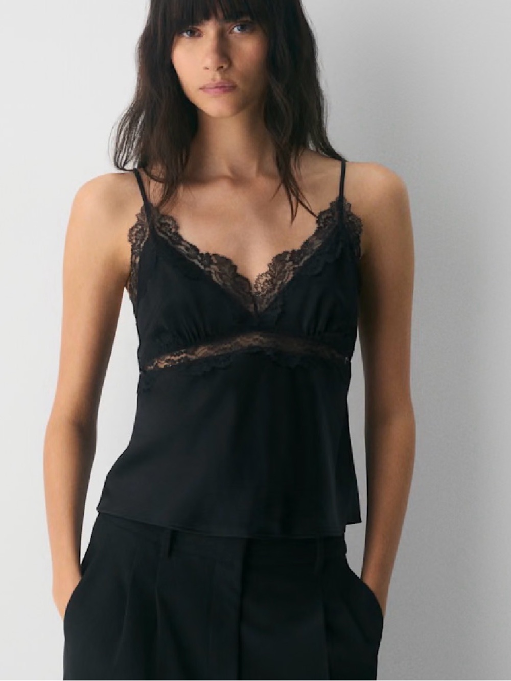 Aritzia Ten Foxtrot Satin Black Lace-Trim Camisole